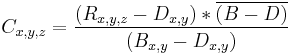 C_{x,y,z} = \frac{(R_{x,y,z} - D_{x,y}) * \overline{(B-D)} }{(B_{x,y}- D_{x,y})}