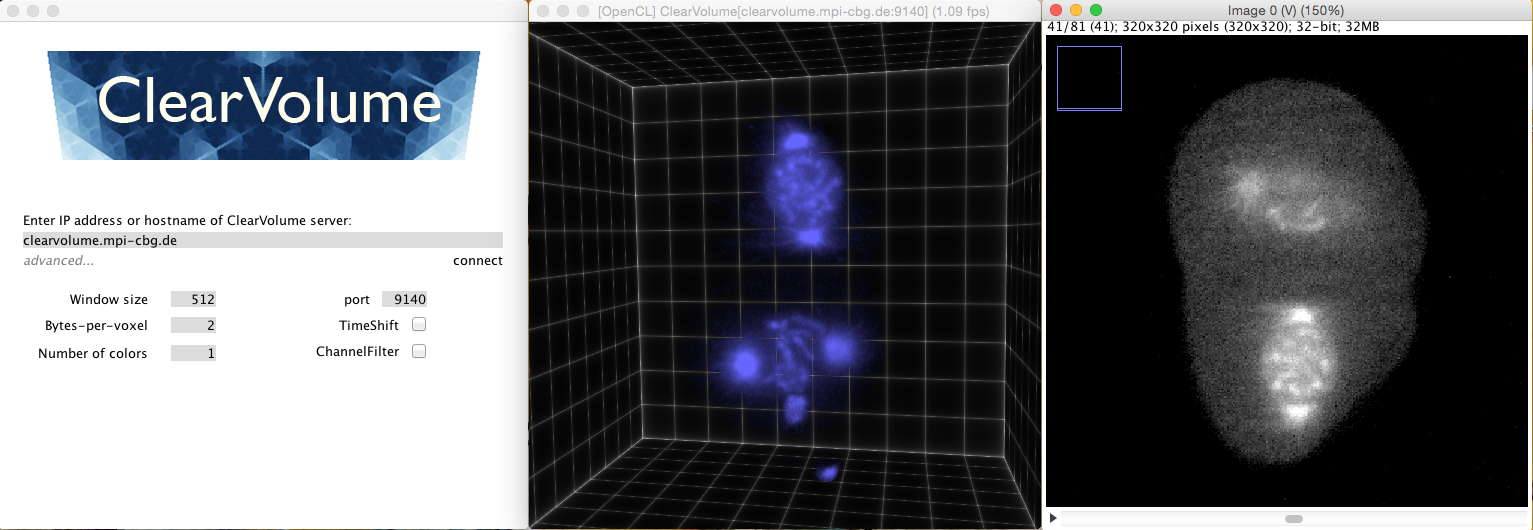 The ClearVolume network client can be started from Fiji/ImageJ2 and enables users to receive volumetric data from a remote source, e.g. live from a microscope in the basement of your collaborators institute.